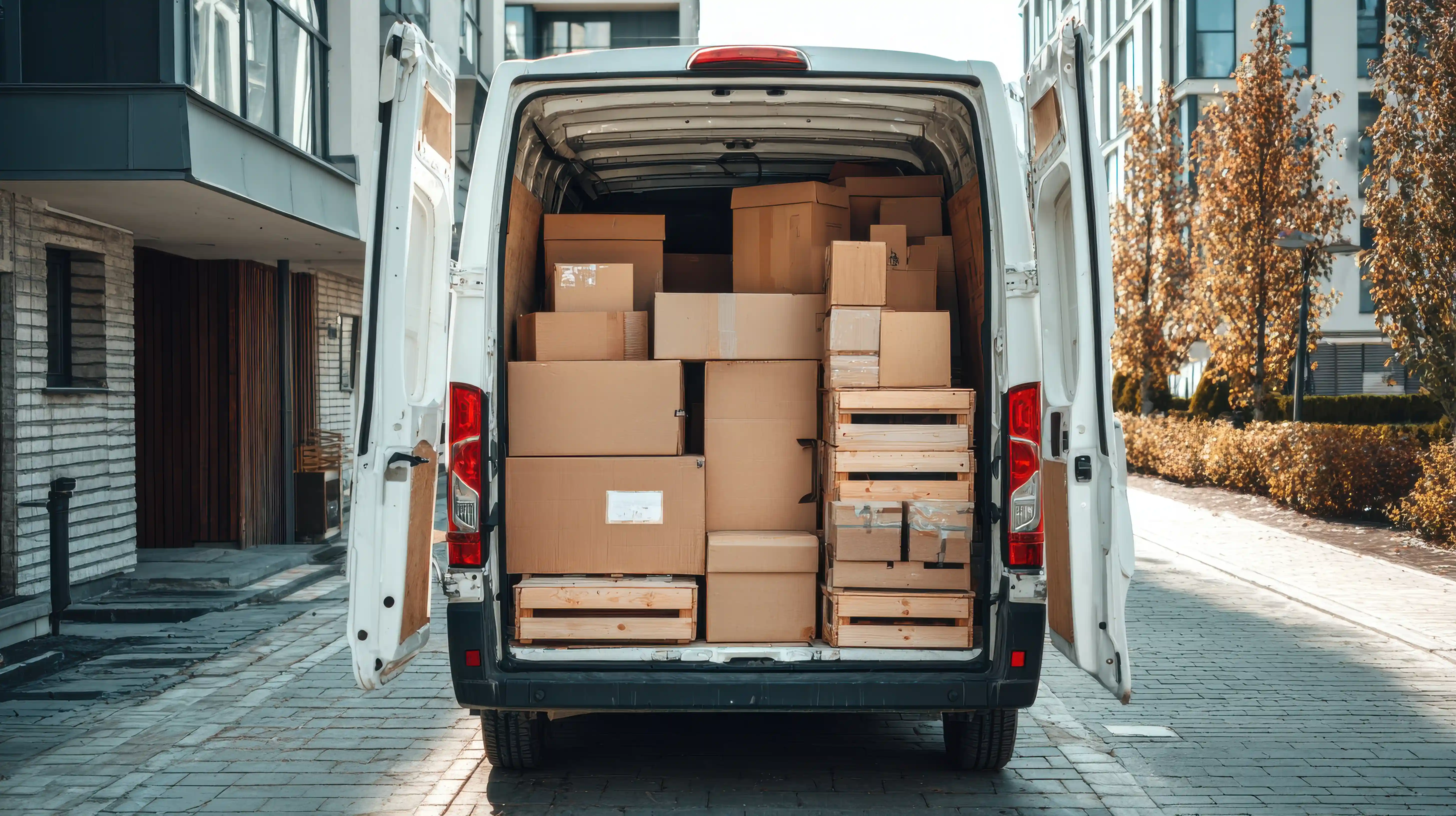 Lieferwagen mit geöffneten Hecktüren, voll beladen mit Kartons und Holzkisten für Transport oder Umzug.